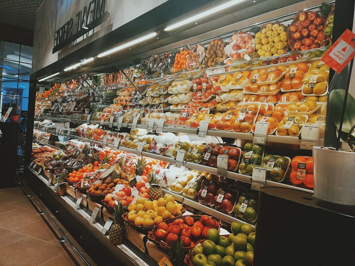 grocery store fruit display in groceries market